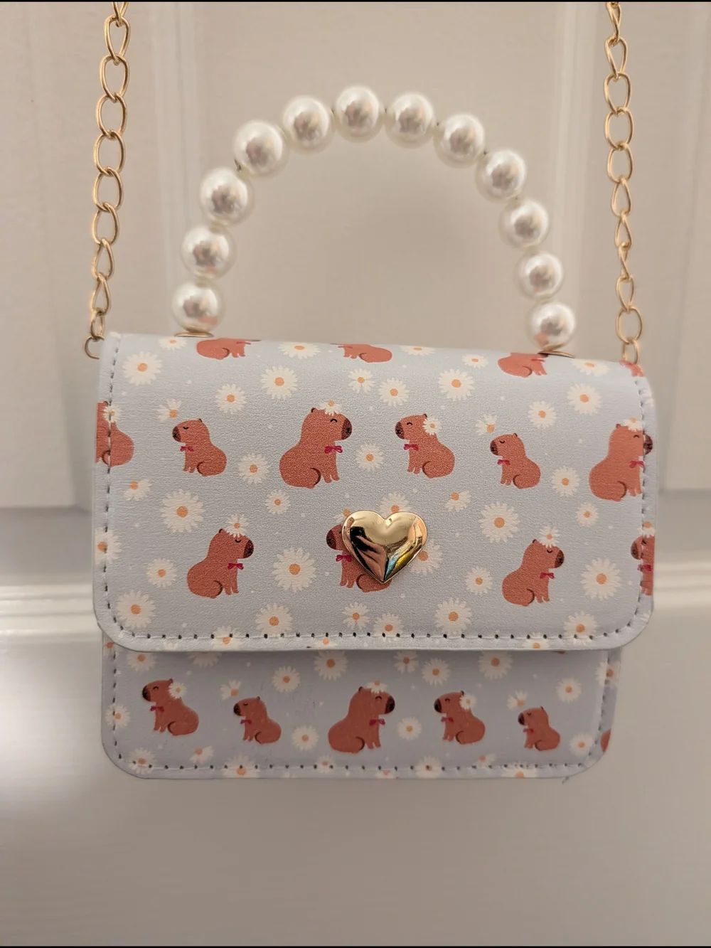 Mini/Crossbody Purse with Capybaras and Faux Pearl Handle